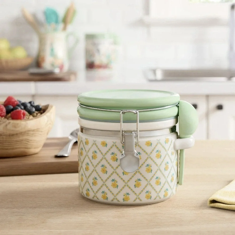 Pioneer Woman Medium Stoneware Canister w/ Lid & Spoon Painted Meadow New Sealed